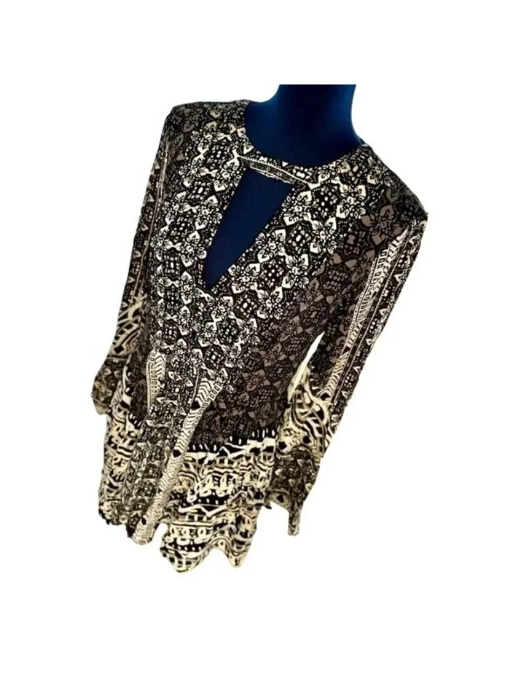 Free People Tegan Black Borders Keyhole Long Sleeve Mini Dress - Picture 6 of 8